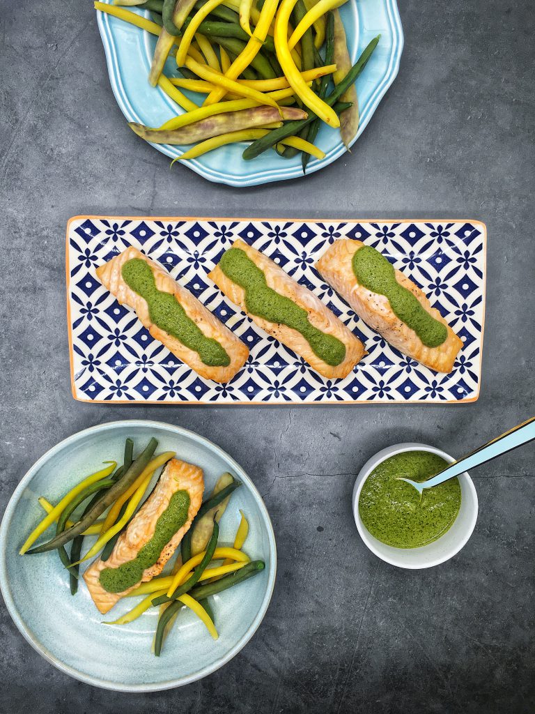 Oven Roasted Salmon with Chermoula “Spiced Herb” Sauce | Family Meals in Heels