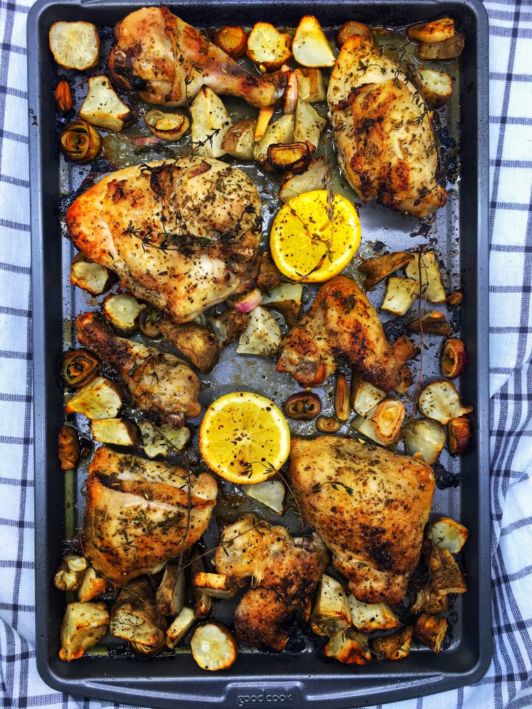 Sheet Pan Lemon Herb Chicken with Sunchokes | Family Meals in Heels