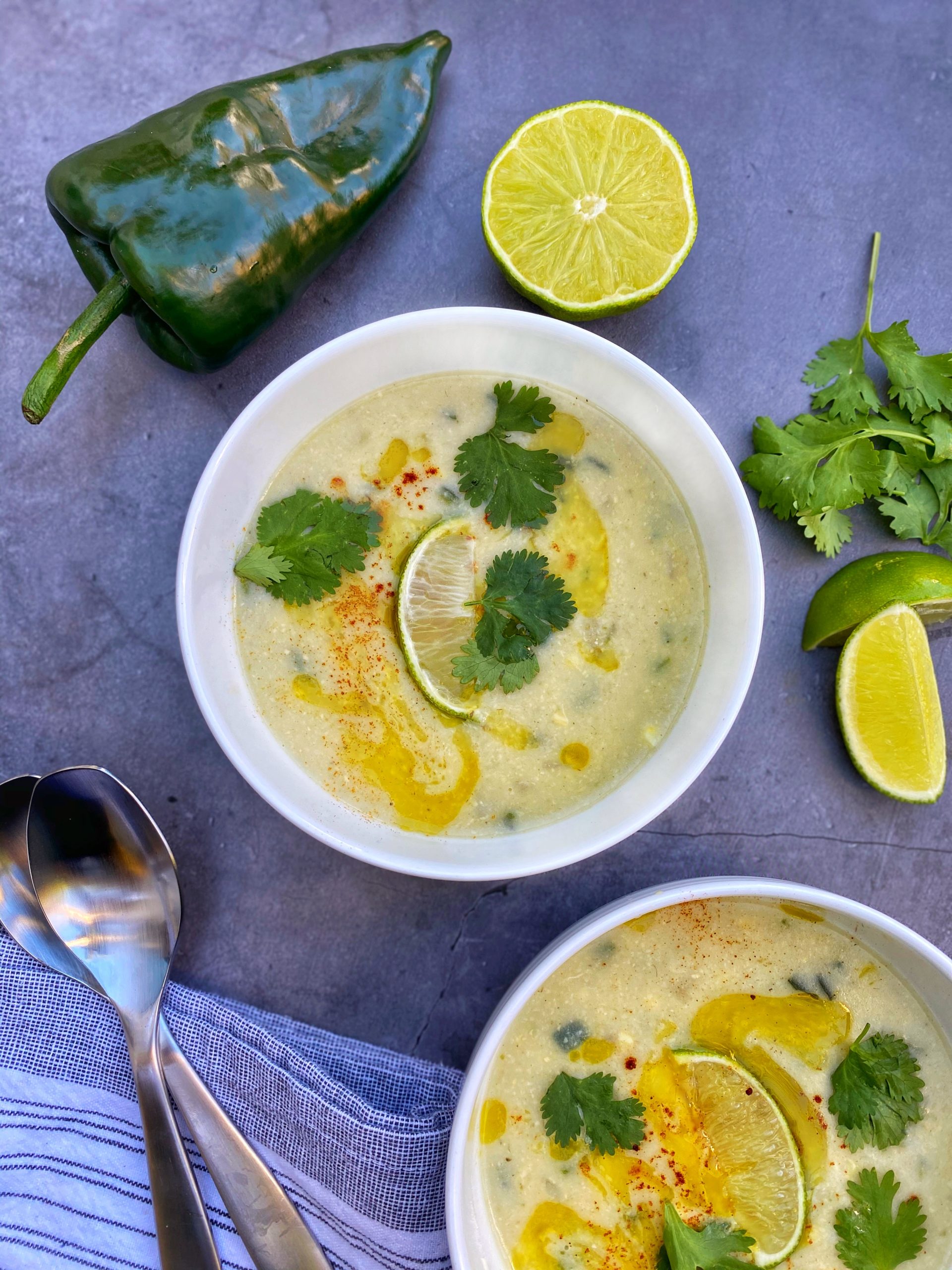 Fresh Corn Soup with Poblano Cilantro Oil | Family Meals in Heels