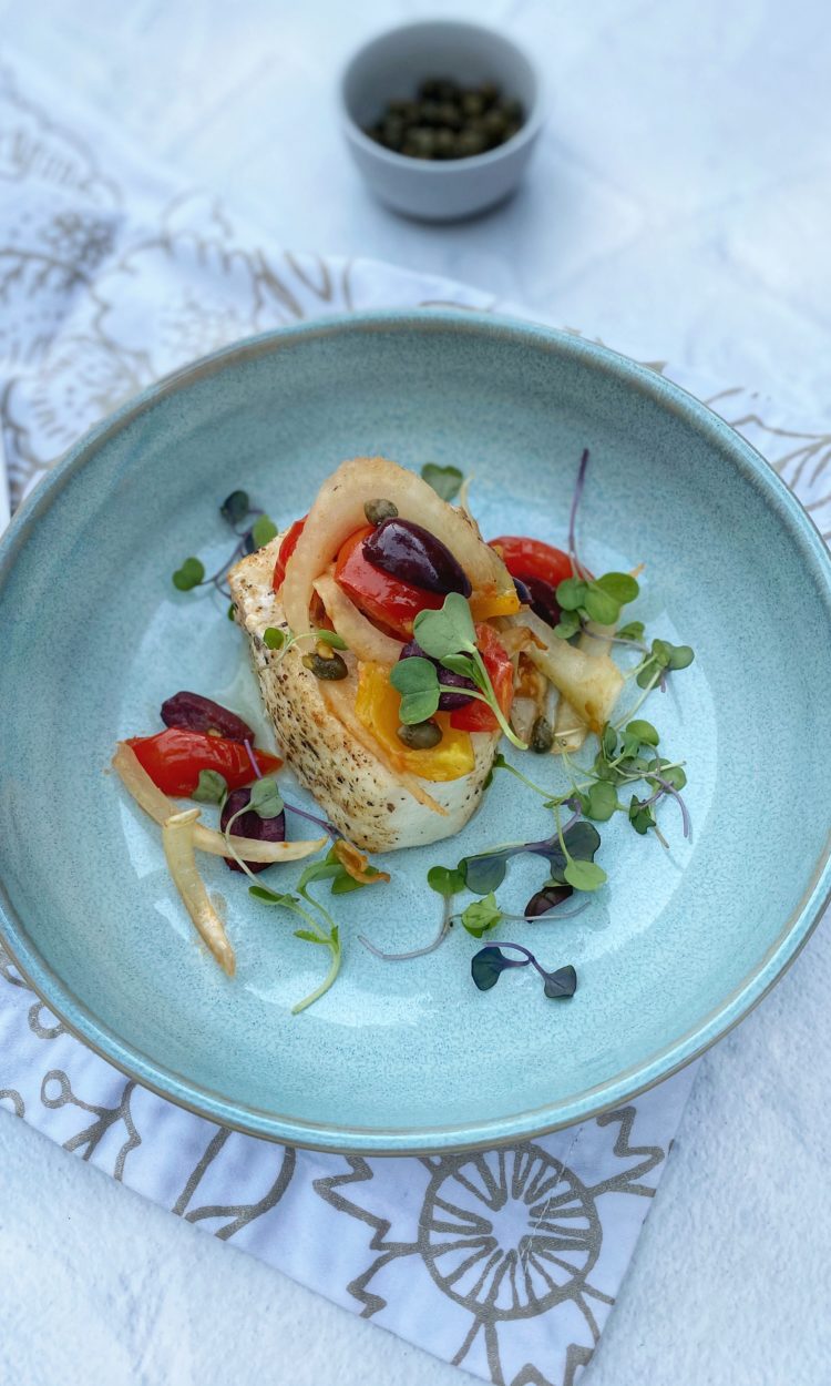 Halibut with Fennel, Tomatoes and Olives
