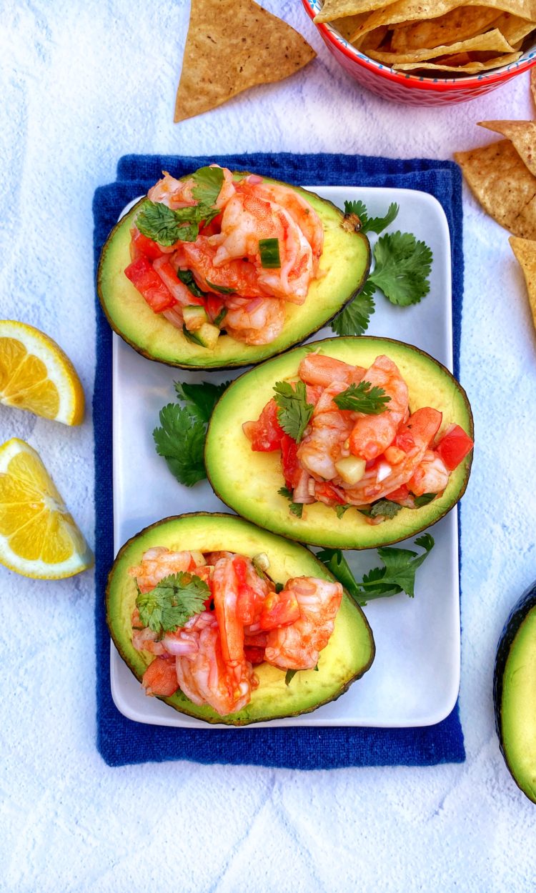 Shrimp Cocktail Stuffed Avocado | Family Meals in Heels